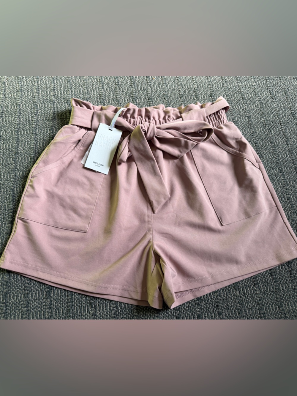 NWT Grace Karin Dusty Pink Paperbag High-Waist Shorts with tie at waist. Sz M.